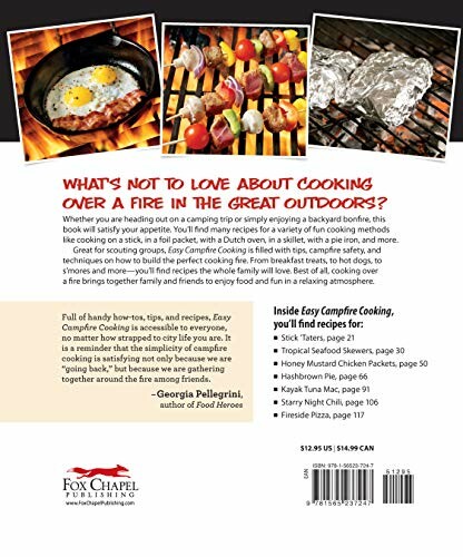 Back cover of a campfire cooking book featuring cooking images and text about outdoor recipes.