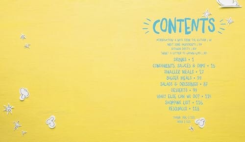 Contents page with blue text on a yellow background with doodles.