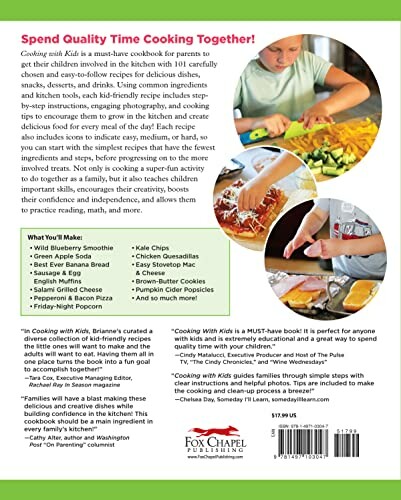 Back cover of the 'Cooking with Kids' cookbook featuring images of children cooking and a description of the book contents.