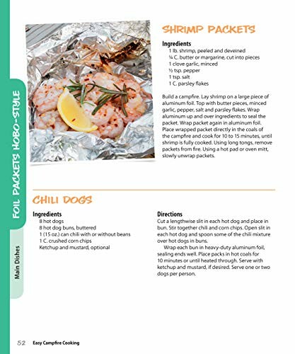 Recipe for shrimp packets and chili dogs with ingredients and cooking directions.