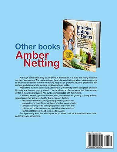 Back cover of 'Intuitive Eating for Teens' by Amber Netting featuring a book summary and author photo.