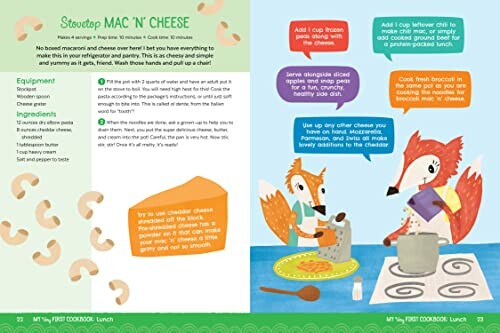 Stovetop mac 'n' cheese recipe for kids with illustrations of a fox and bird cooking.